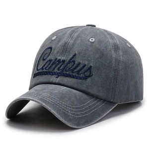 Faded grey washed cotton baseball cap with blue Cambus embroidery and stitched brim