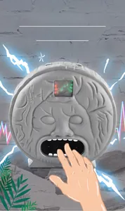 Detail view of ancient Rome face lie detector toy with interactive blue lightning effects