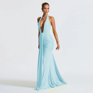 Detailed side view of light blue halter neck mermaid dress with elegant pleated texture