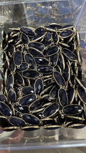 Macro view of blue faceted crystal connectors with gold plated oval edges for DIY jewelry