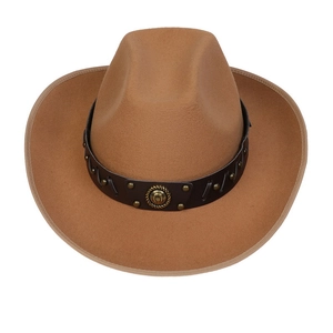 Detail of wool felt cowboy hat with leather band and gold horseshoe buckle accent