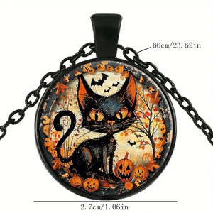 Halloween black cat pumpkin pendant necklace with 60cm chain and glass cabochon