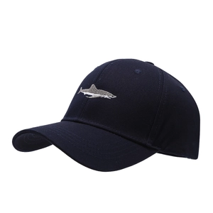 Navy blue baseball cap with shark embroidery and classic 6-panel cotton twill design