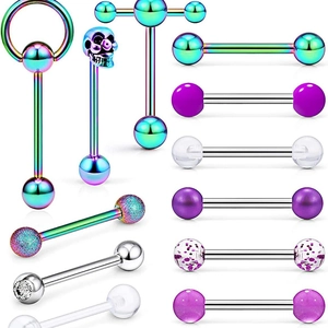 Set of 14 stainless steel tongue rings and body piercings in assorted colors and shapes