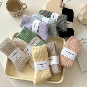 Women Crew Socks Wool Blend Thickened Thermal Ribbed Knit Solid Color Warm Mid Calf Winter Casual Daily Comfort