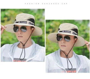 Detail view of khaki sun hat featuring breathable side mesh and adjustable windproof strap
