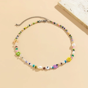 Handmade beaded flower choker necklace with white pearls and letter F charm pendant