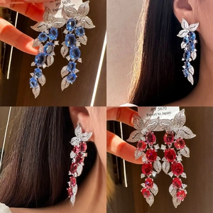 Sparkling leaf tassel earrings with blue and red zircon stones and floral silver drop