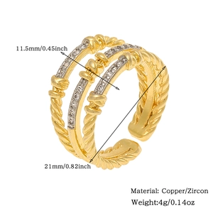 Detailed dimensions of 18K gold plated zircon ring with copper material specifications
