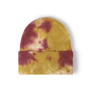 Cappello lavorato a maglia tie-dye in stile hip-hop in vivace giallo e marrone bordeaux