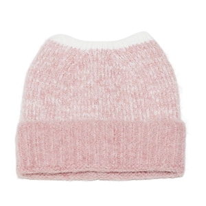 Detailed view of the soft pink and white cat-ear knit hat featuring fuzzy mohair texture