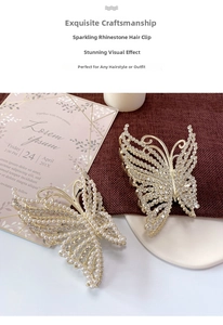 Detail of butterfly hair claws with pearls and rhinestones on a textile background