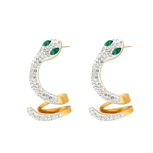 Luxury gold snake hoop earrings with emerald green eyes and pavé crystal stones