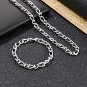 Men's hip hop silver titanium steel necklace and bracelet set with twisted chain design