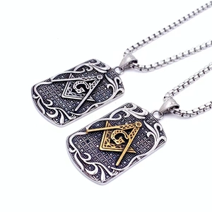 Pendentif franc-maçon vintage en acier argent et or orné de pierres brillantes pour homme