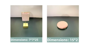 Pink velvet jewelry display stands with gold metal frames showing dimensions 7x7x25 and 15x2