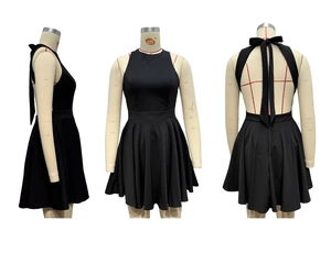 Three-view display of a black sleeveless backless dress with a large bow tie detail