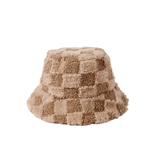 Plush checkerboard bucket hat in brown and beige colors, 45-degree angle view
