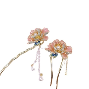 Ancient style peony hairpin set with pink enamel petals, white pearls and gold fringe