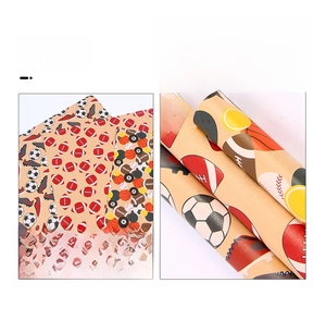 Detail showing vintage soccer and football patterns on brown kraft gift wrapping paper