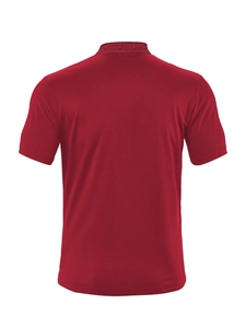 Detail view showing back of dark red short-sleeve Polo shirt with high-quality fabric texture