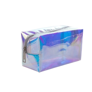 Holographic TPU cosmetic bag with iridescent laser finish and silver zipper closure