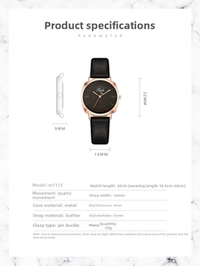 Detail specifications of square rose gold quartz watch with black leather strap