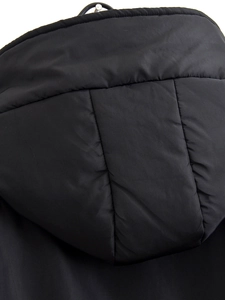 Detail of adjustable drawstring hood and stitching on black windproof hooded cotton jacket