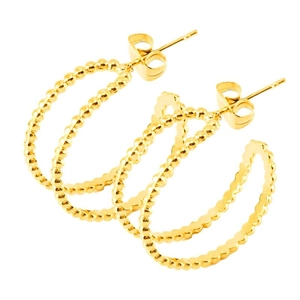 Minimalist double hoop earrings in gold with textured bead surface on white background