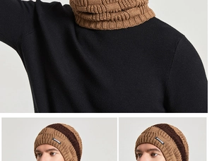 Detail of brown knitted winter hat and neck warmer set showing thick wavy texture and logo