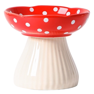 Elevated ceramic mushroom pet bowl with non-slip base for cat food and water storage