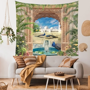 Detail of Middle Eastern palace scenery on a large bohemian style wall tapestry