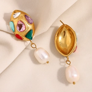 Orecchini vintage in acciaio placcato oro 18K con cristalli colorati e perle