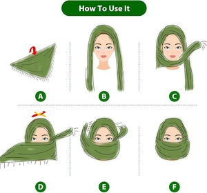 A to F step-by-step guide showing how to wrap a green desert tactical headscarf