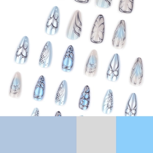Y2K ice blue gradient almond press-on nails with 3D silver fluid metal textures