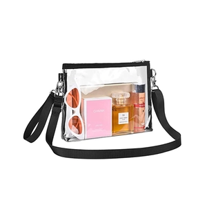 Transparent PVC stadium crossbody bag with black trim and adjustable shoulder strap