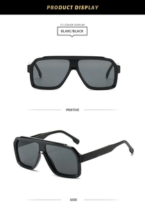 Front and side macro views of black vintage square aviator sunglasses with thick frames