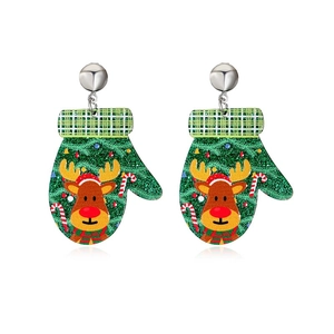 Boucles d'oreilles de Noël en forme de gants verts avec motif renne et paillettes