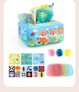 Detail view of baby tissue box toy set with plush box, square scarves and mesh scarves