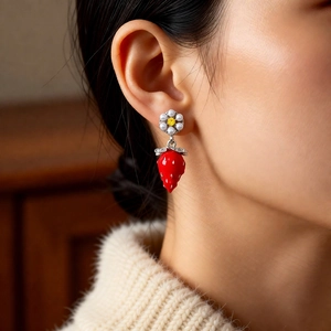 Close-up of strawberry drop earrings with a small daisy stud and red fruit pendant