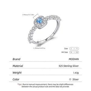 Luxurious S925 sterling silver ring with square blue gemstone and pavé halo setting