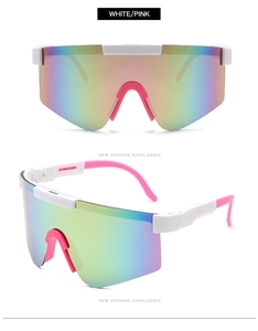 Front and side view of white and pink sport sunglasses with rainbow gradient lenses