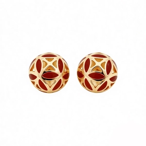 Vintage hollow geometric sphere earrings with red enamel and gold-plated finish for women