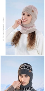 Detail of warm winter knit beanie and scarf set with fleece lining for outdoor protection