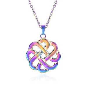 Detailed macro view of iridescent rainbow Celtic witch knot pendant on a delicate chain