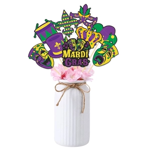 Mardi Gras party decorations with masks and crowns in a vase on white background