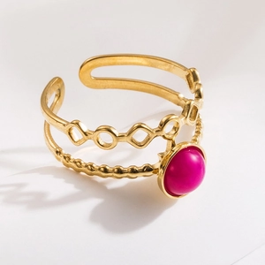 Detail of 18K gold-plated double-layer ring featuring a round purple gemstone inlay