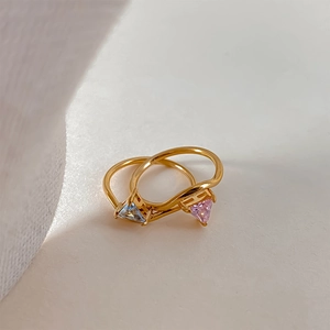 Minimalist 18k gold plated stainless steel wave rings with blue and pink triangle zircon