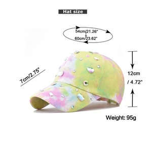 Detailed size chart for tie-dye baseball cap with colorful gems and rhinestones