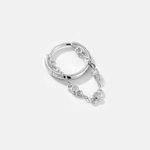 S925 sterling silver hoop earring with chain and three round cubic zirconia gemstones